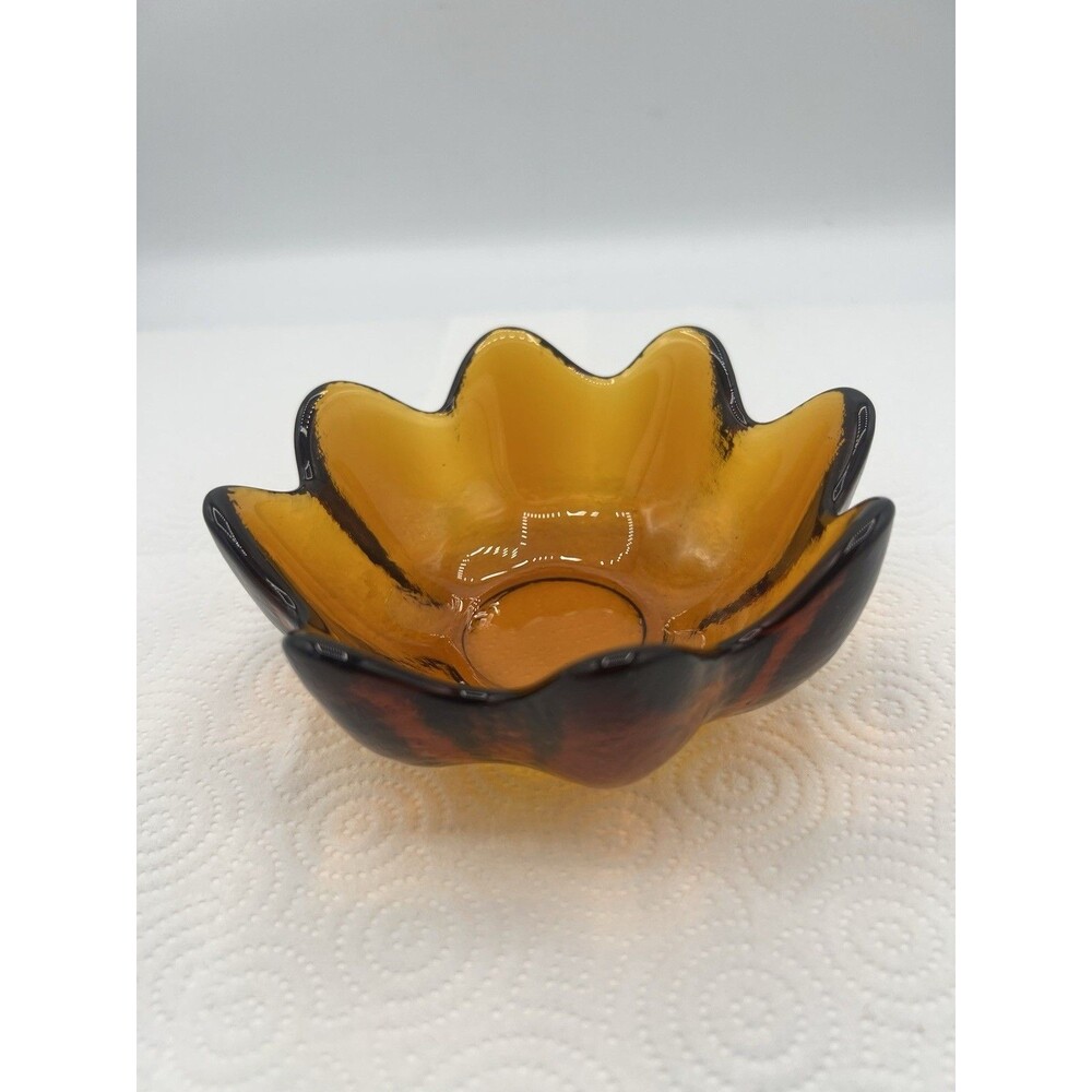 Blenko Glass 6143S 8 Petal Amber Lotus Scalloped Bowl 5.5" MCM Vintage